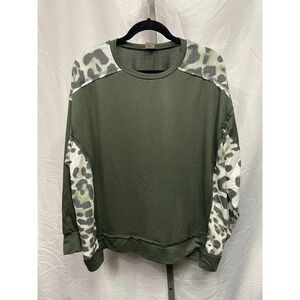 Like Love Olive Green Leopard Print Crew Neck Long Sleeve Sweatshirt Top L